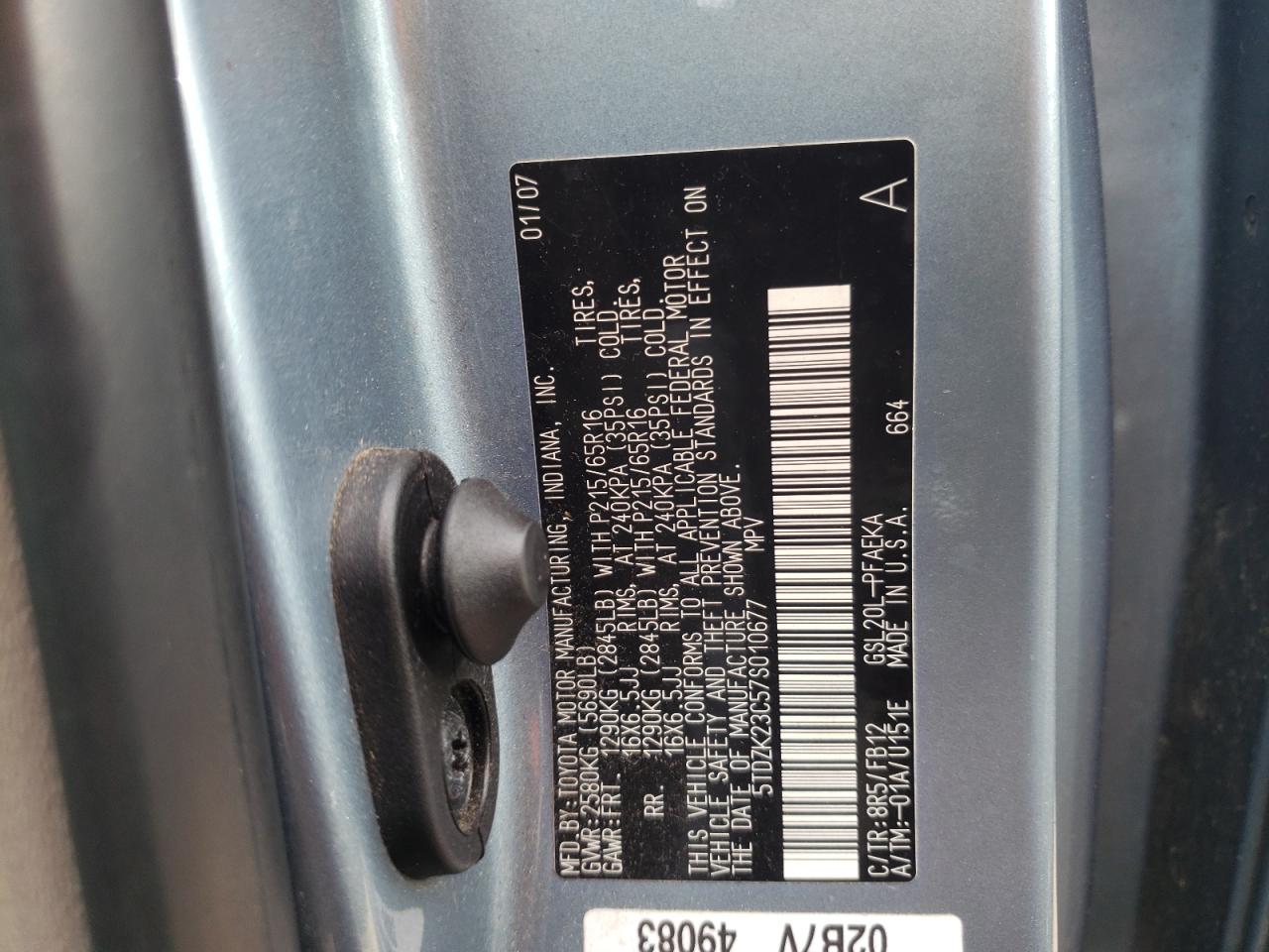 Photo 10 from auction – 2007 TOYOTA SIENNA CE with VIN 5TDZK23C57S010677