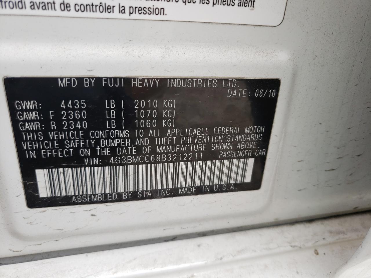 Photo 10 from auction – 2011 SUBARU LEGACY 2.5 with VIN 4S3BMCC68B3212211