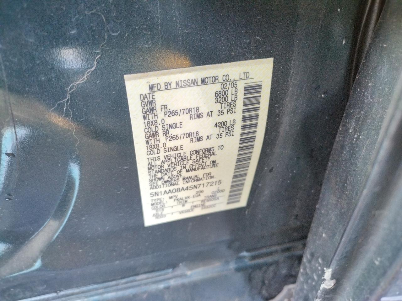 Photo 10 from auction – 2005 NISSAN ARMADA SE with VIN 5N1AA08A45N717215