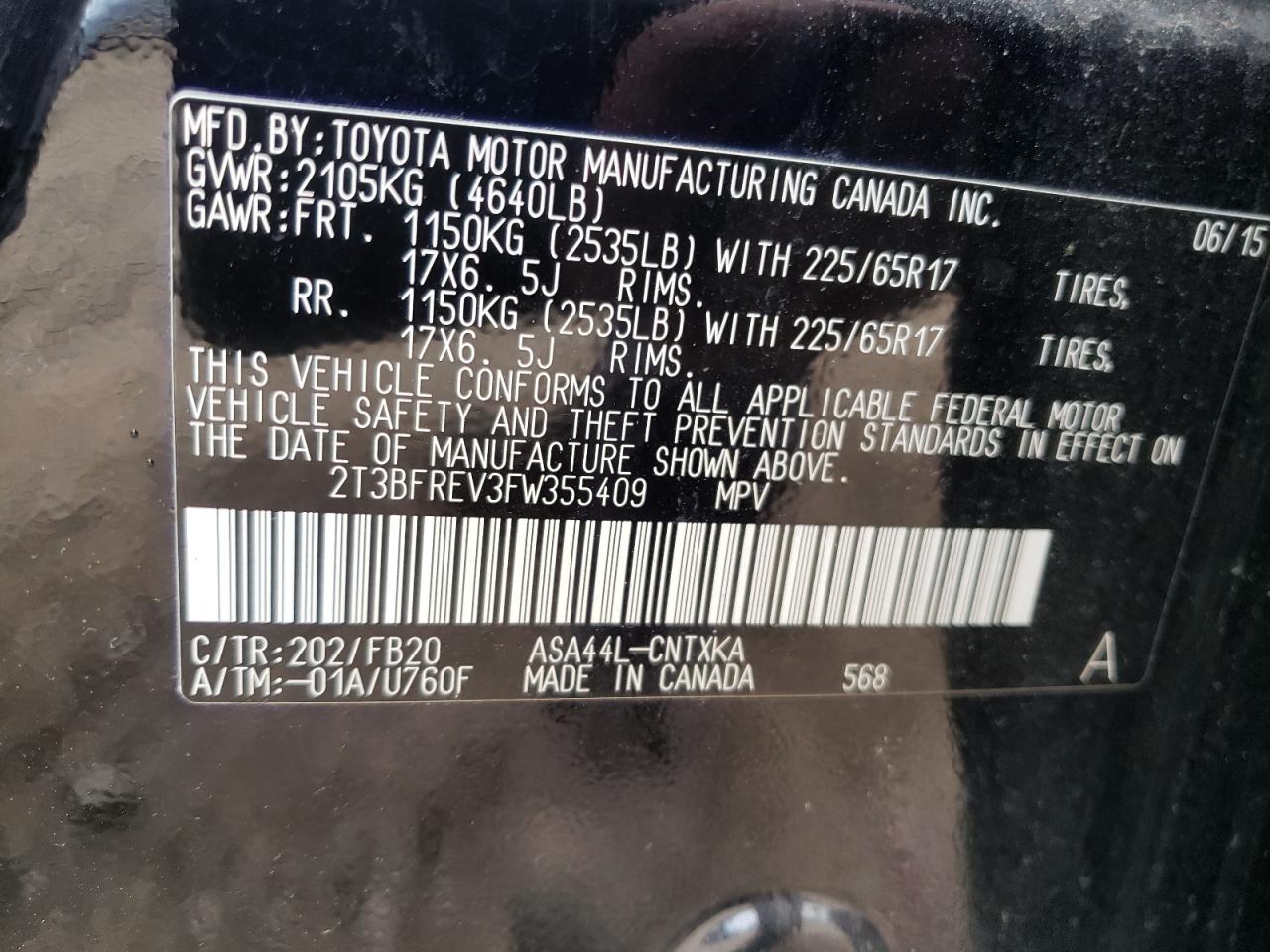 Foto 10 de la subasta – 2015 TOYOTA RAV4 LE con VIN 2T3BFREV3FW355409