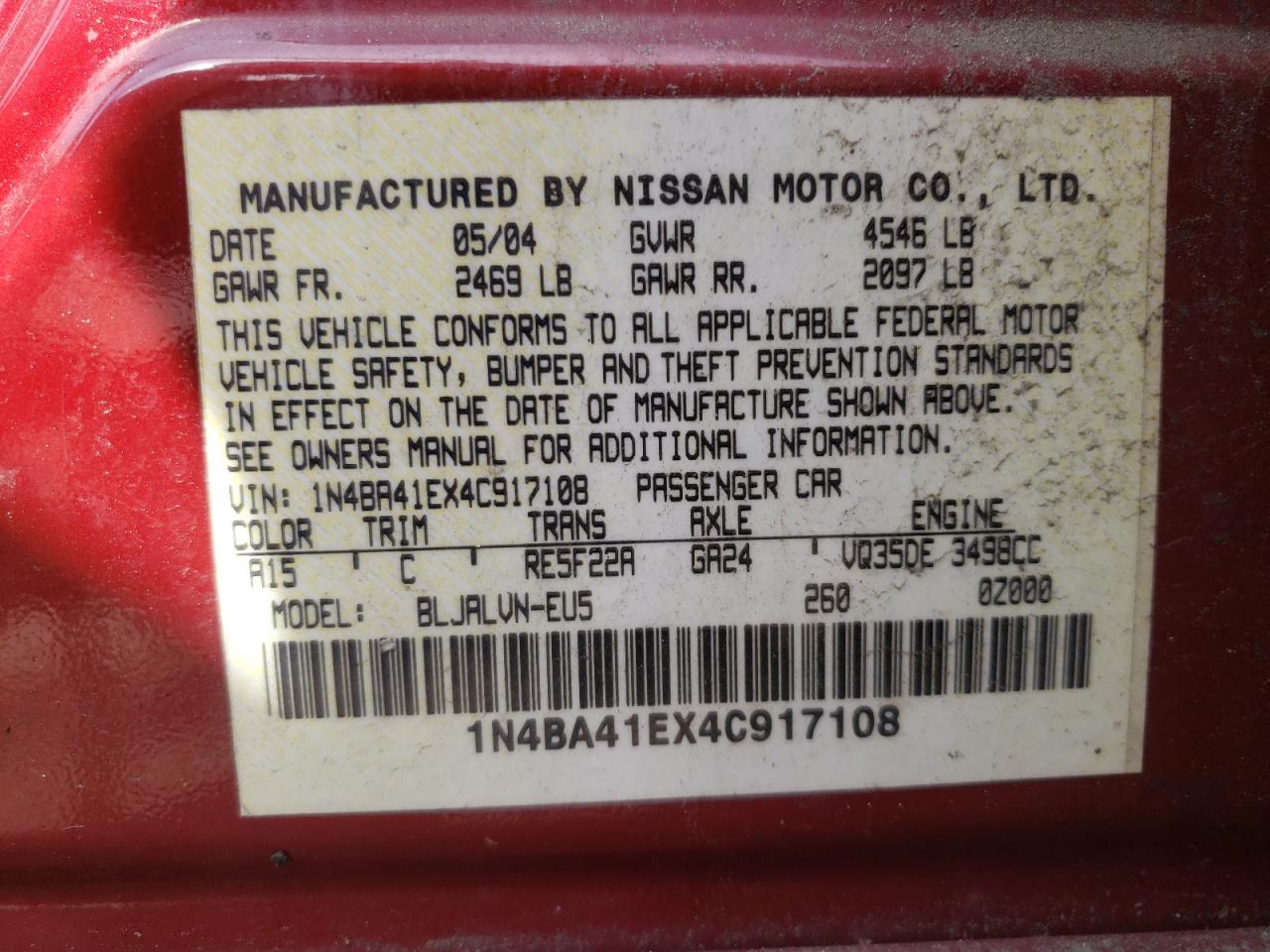 Photo 10 from auction – 2004 NISSAN MAXIMA SE with VIN 1N4BA41EX4C917108
