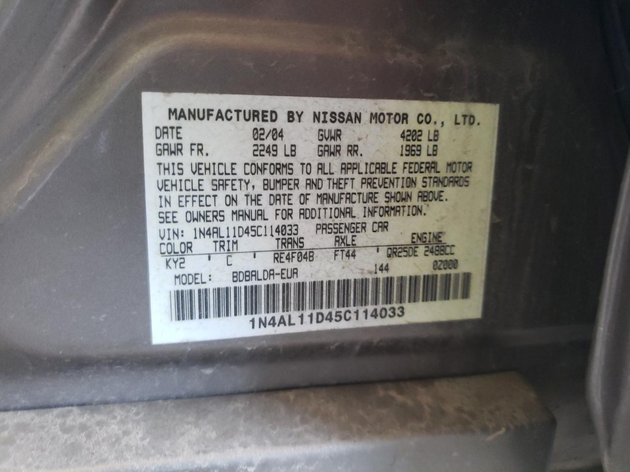 Photo 10 from auction – 2005 NISSAN ALTIMA S with VIN 1N4AL11D45C114033