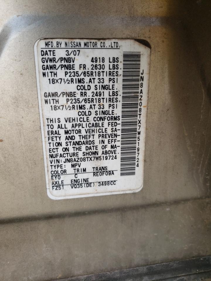 Photo 10 from auction – 2007 NISSAN MURANO SL with VIN JN8AZ08TX7W519724