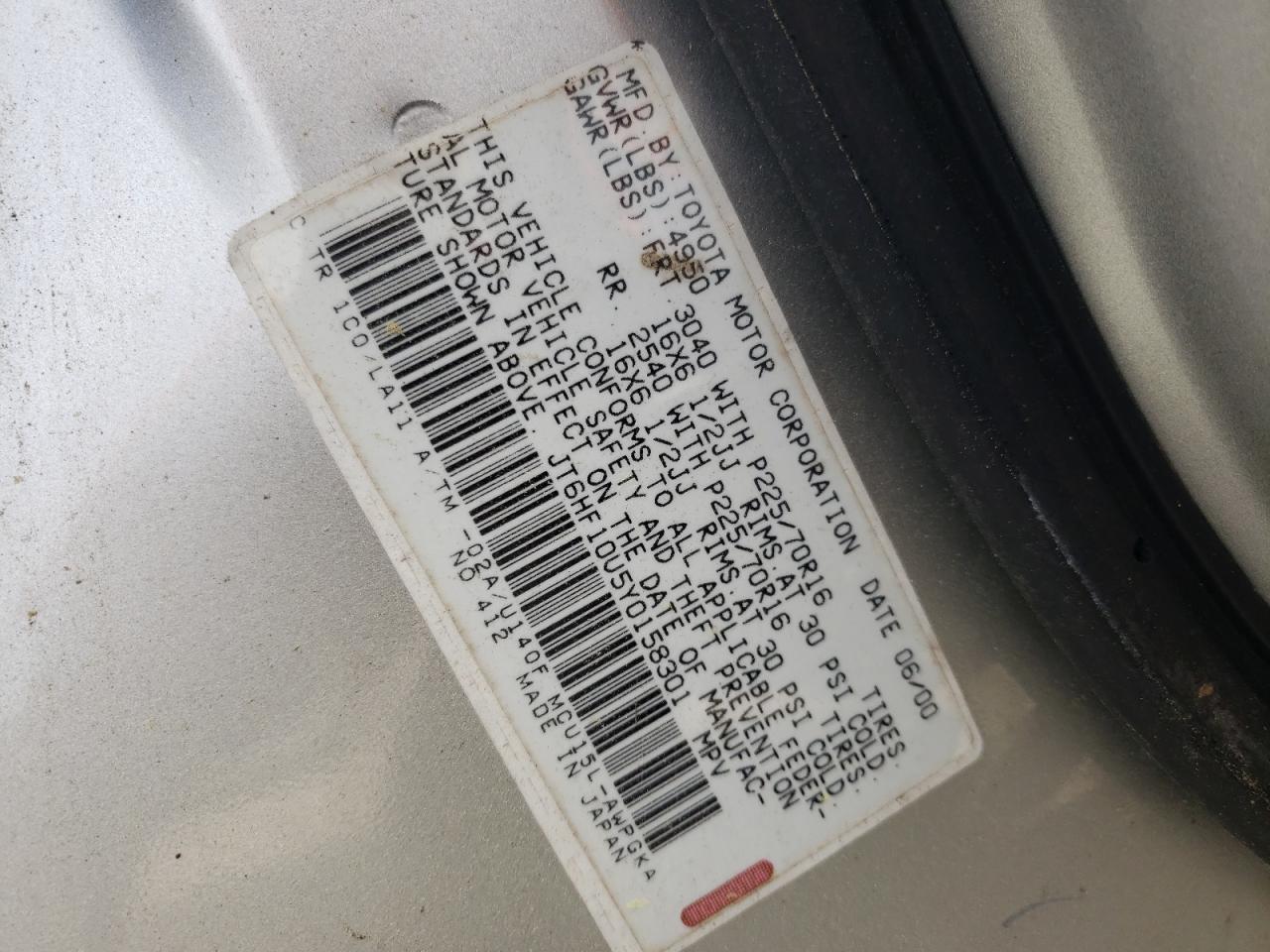 Photo 10 from auction – 2000 LEXUS RX 300 with VIN JT6HF10U5Y0158301