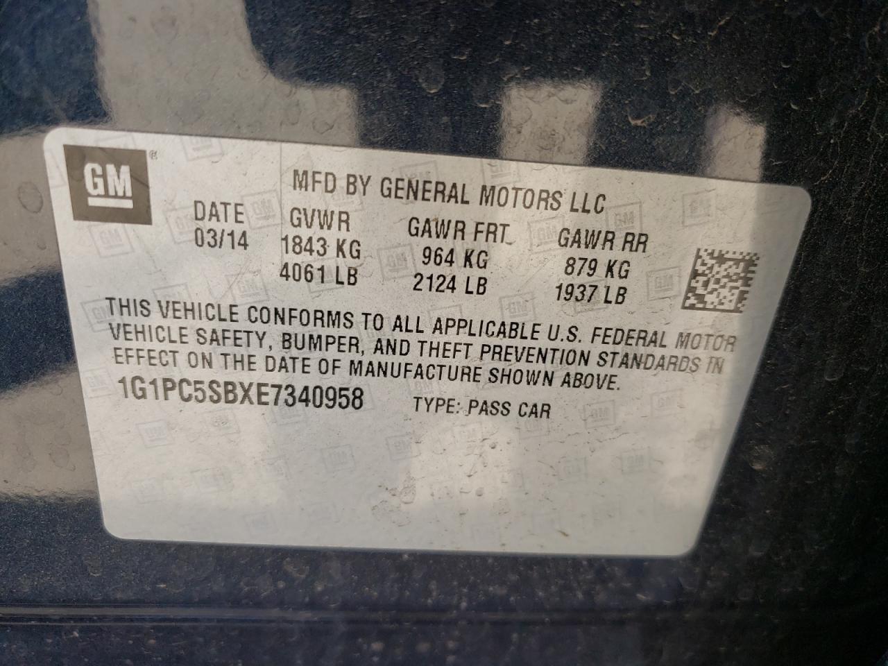 Photo 10 from auction – 2014 CHEVROLET CRUZE LT with VIN 1G1PC5SBXE7340958