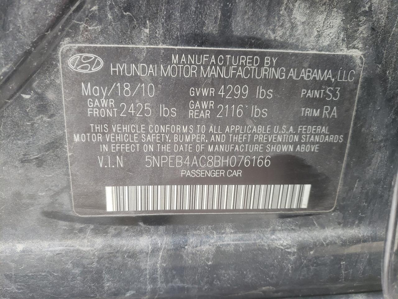 Photo 10 from auction – 2011 HYUNDAI SONATA GLS with VIN 5NPEB4AC8BH076166