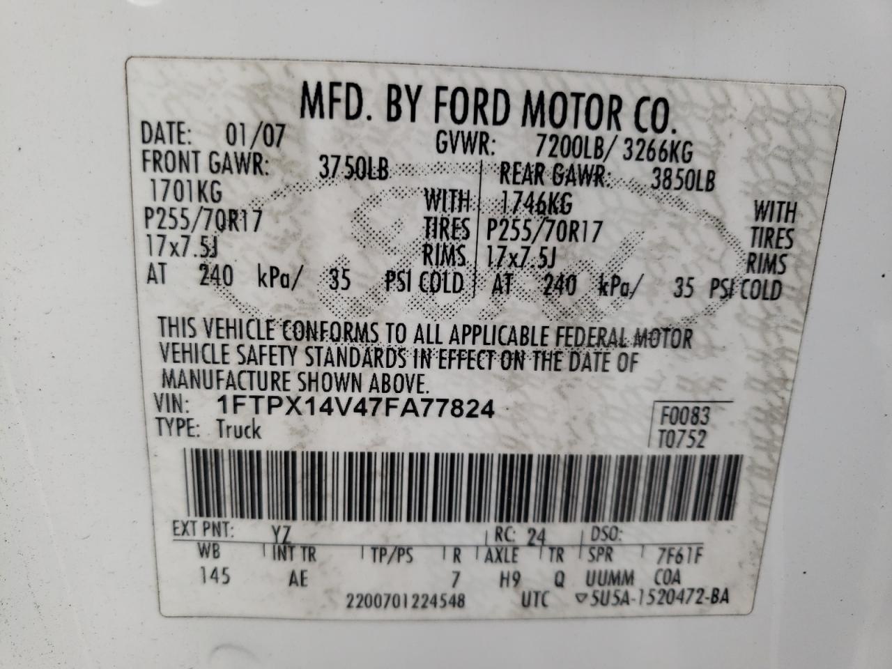 Photo 10 from auction – 2007 FORD F150 with VIN 1FTPX14V47FA77824