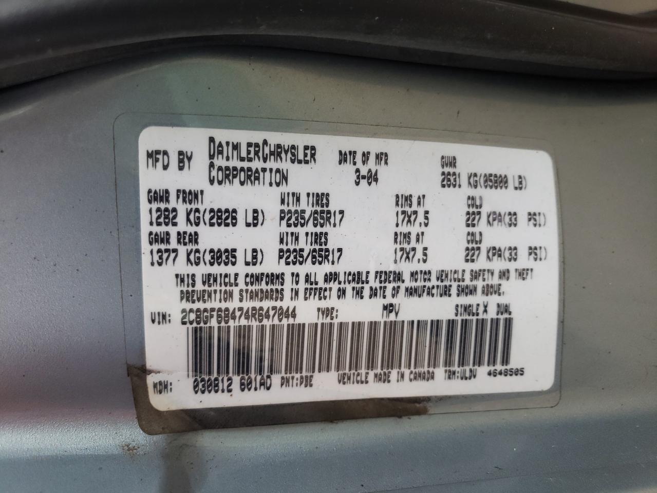 Photo 10 from auction – 2004 CHRYSLER PACIFICA with VIN 2C8GF68474R647044