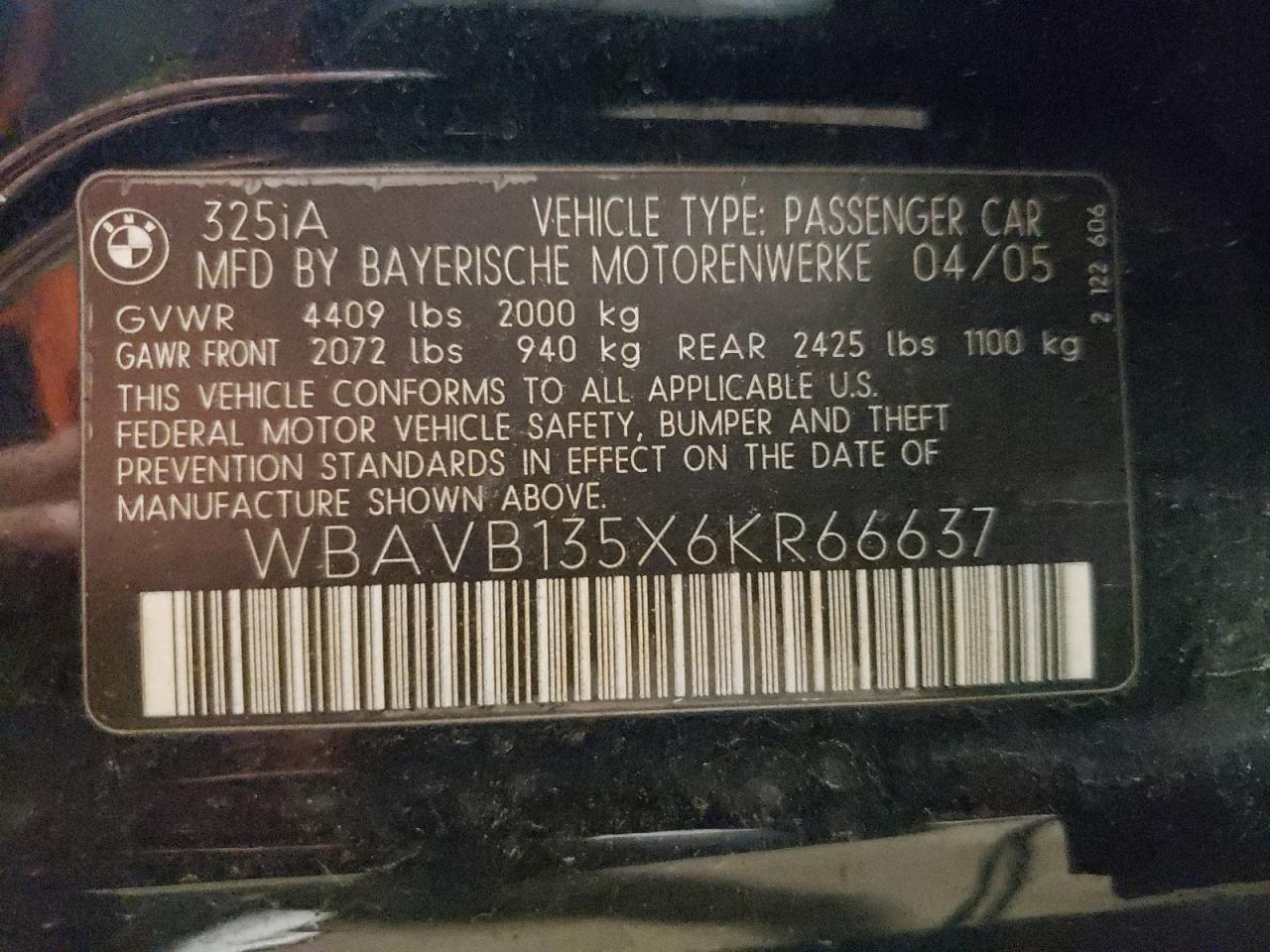 Photo 10 from auction – 2006 BMW 325 I with VIN WBAVB135X6KR66637