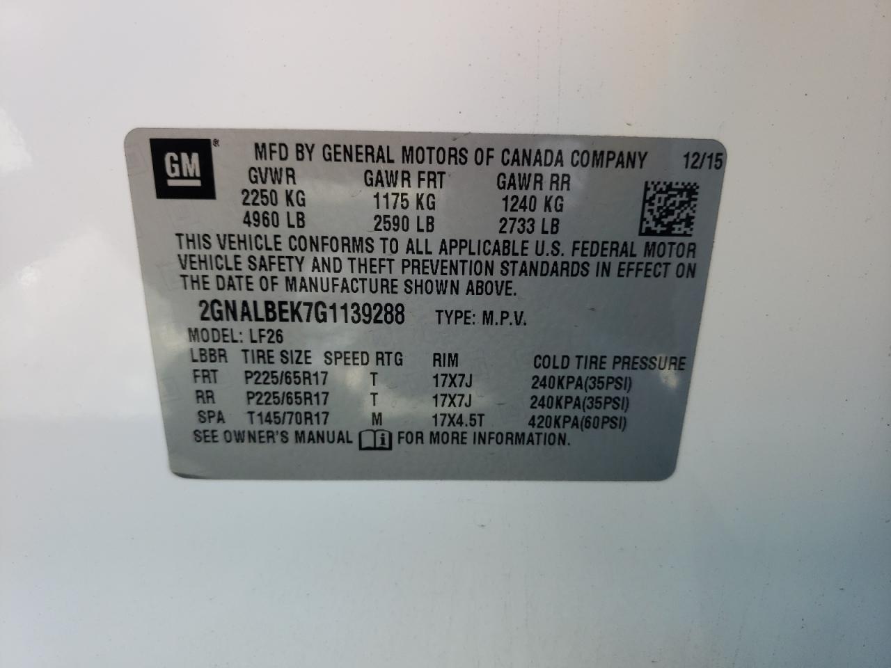 Photo 10 from auction – 2016 CHEVROLET EQUINOX LS with VIN 2GNALBEK7G1139288