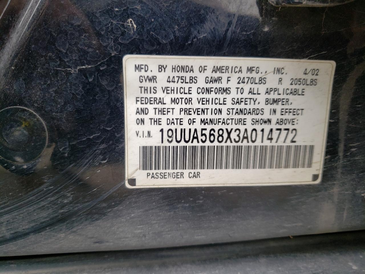 Photo 10 from auction – 2003 ACURA 3.2TL TYPE with VIN 19UUA568X3A014772