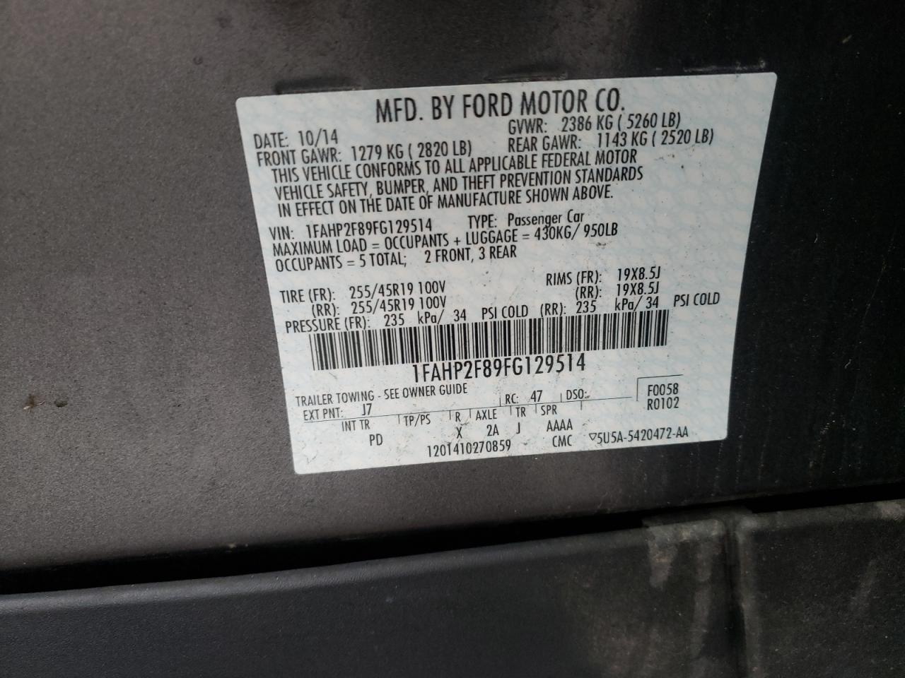Photo 10 from auction – 2015 FORD TAURUS LIM with VIN 1FAHP2F89FG129514