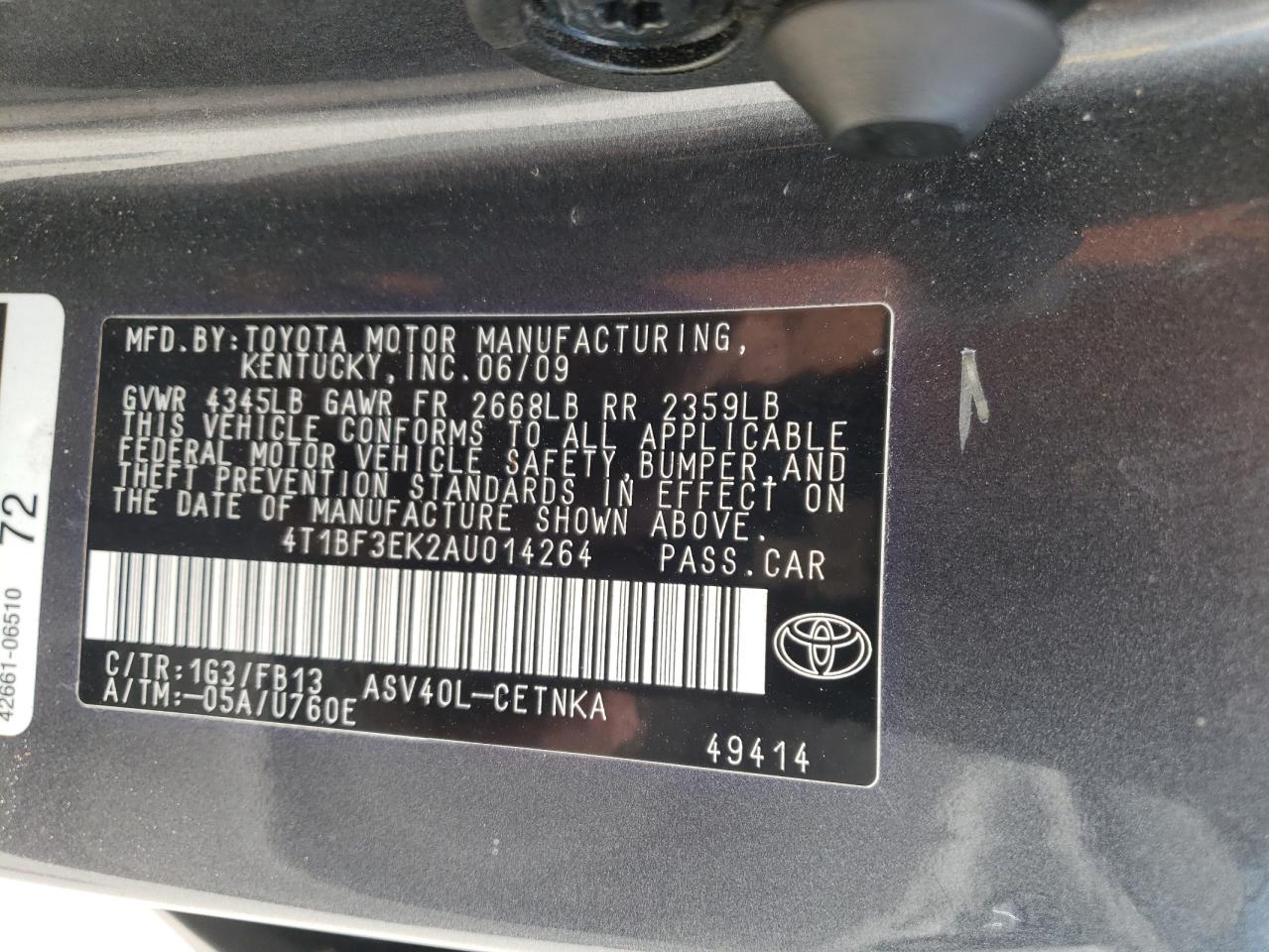 Photo 10 from auction – 2010 TOYOTA CAMRY BASE with VIN 4T1BF3EK2AU014264