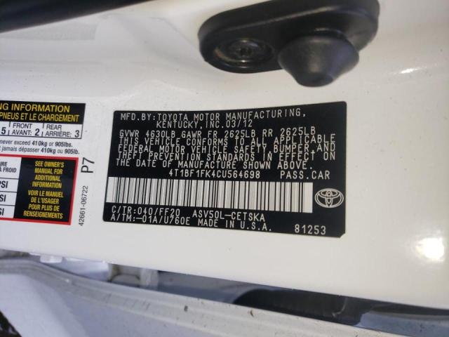 Photo 10 from auction – 2012 TOYOTA CAMRY BASE with VIN 4T1BF1FK4CU564698