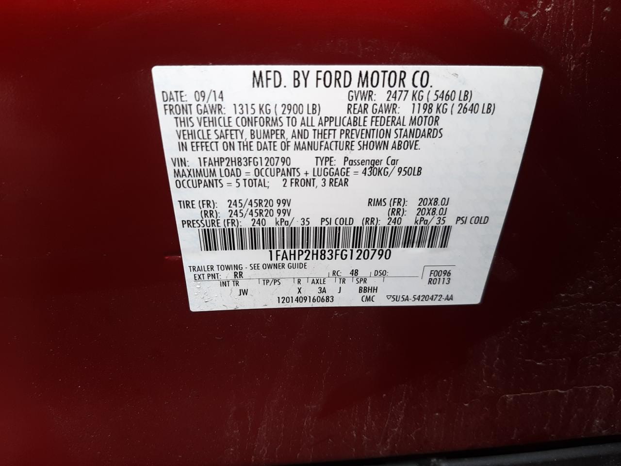 Photo 10 from auction – 2015 FORD TAURUS SEL with VIN 1FAHP2H83FG120790