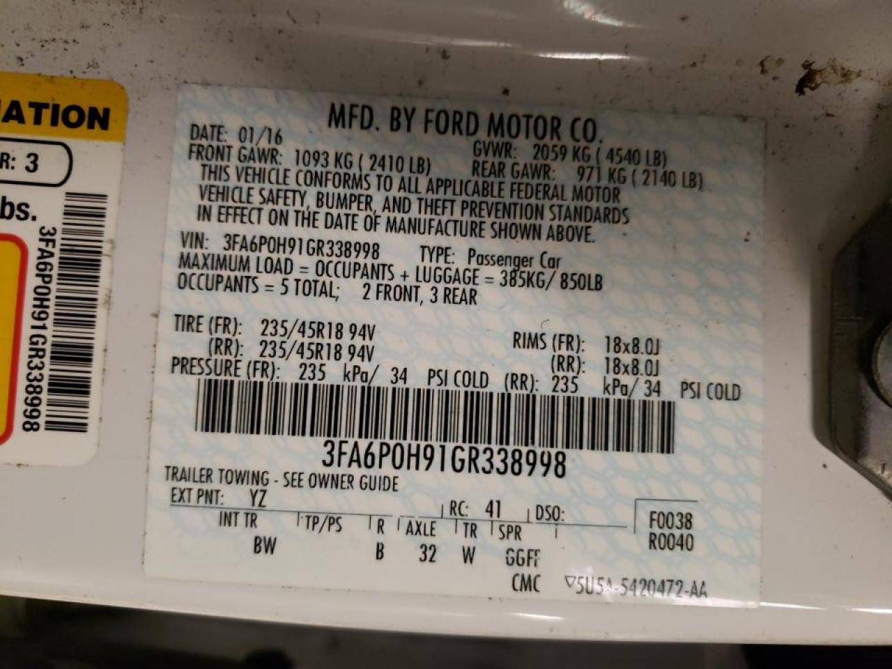 Photo 10 from auction – 2016 FORD FUSION SE with VIN 3FA6P0H91GR338998