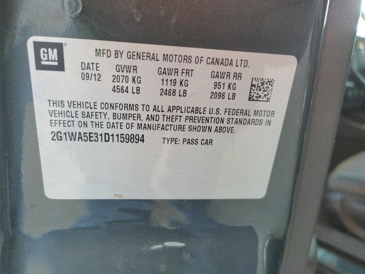 Photo 10 from auction – 2013 CHEVROLET IMPALA with VIN 2G1WA5E31D1159894