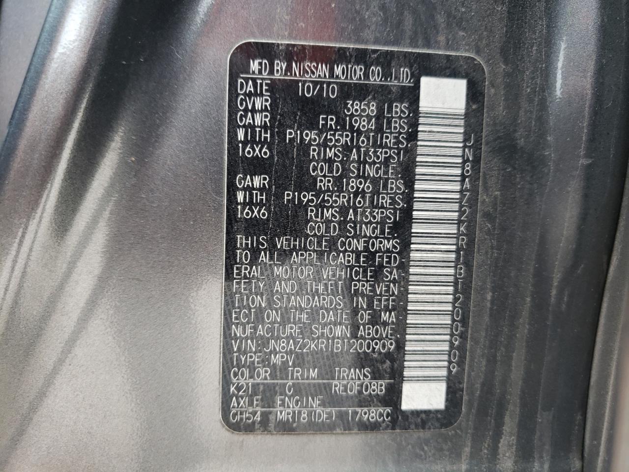 Photo 10 from auction – 2011 NISSAN CUBE BASE with VIN JN8AZ2KR1BT200909