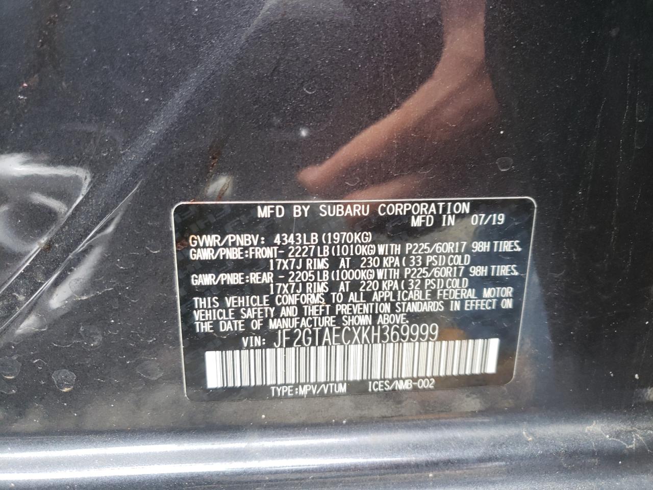 Photo 10 from auction – 2019 SUBARU CROSSTREK with VIN JF2GTAECXKH369999