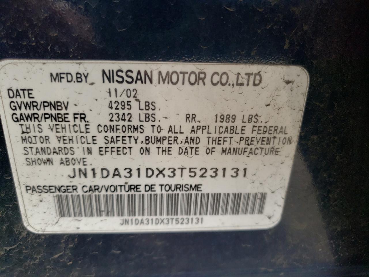 Photo 10 from auction – 2003 NISSAN MAXIMA GLE with VIN JN1DA31DX3T523131
