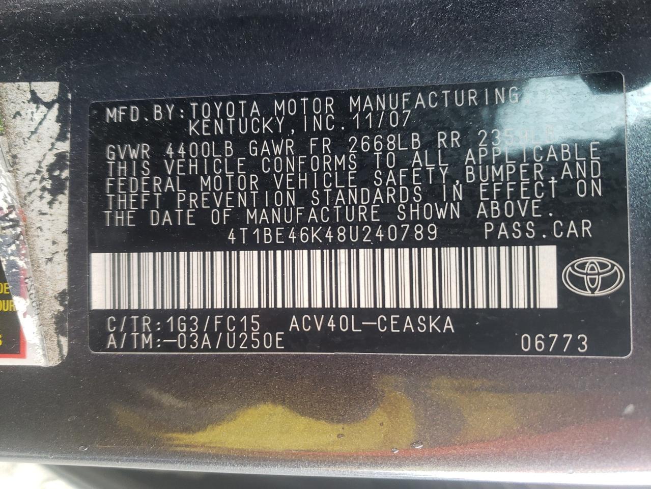 Photo 10 from auction – 2008 TOYOTA CAMRY CE with VIN 4T1BE46K48U240789