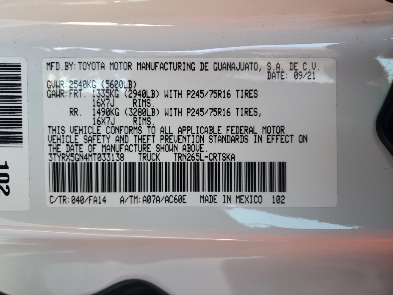 Photo 10 from auction – 2021 TOYOTA TACOMA ACC with VIN 3TYRX5GN4MT033138