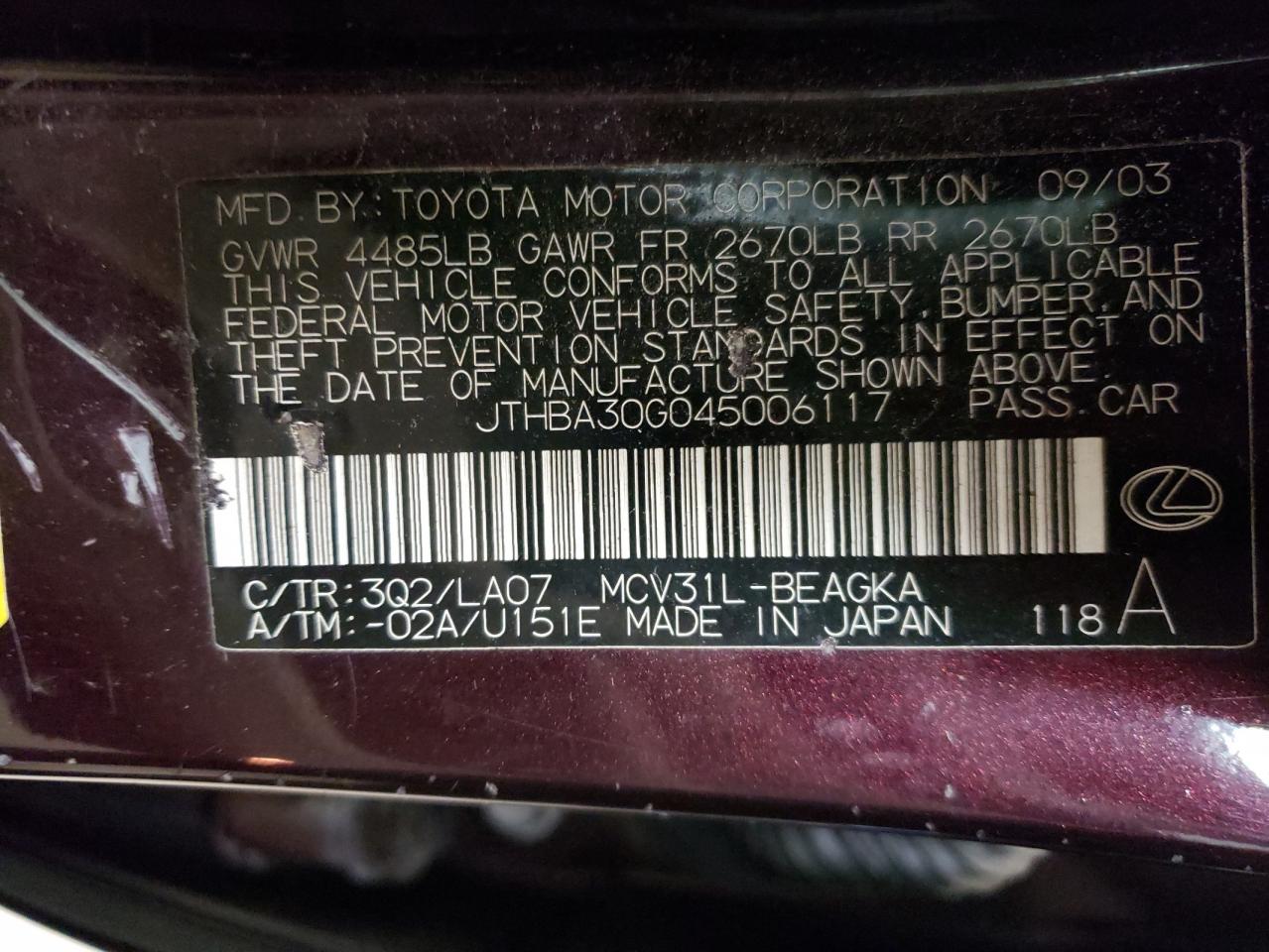 Photo 10 from auction – 2004 LEXUS ES 330 with VIN JTHBA30G045006117