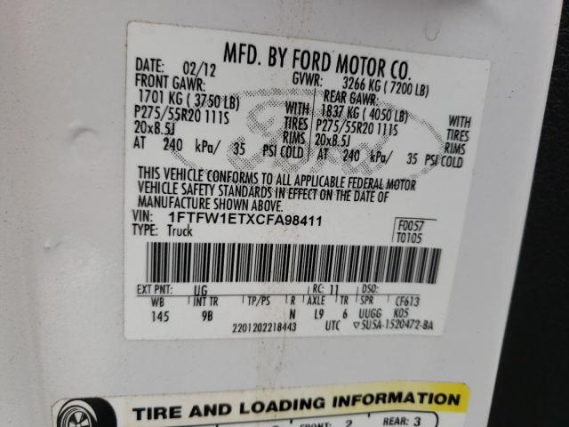 Photo 10 from auction – 2012 FORD F150 SUPER with VIN 1FTFW1ETXCFA98411