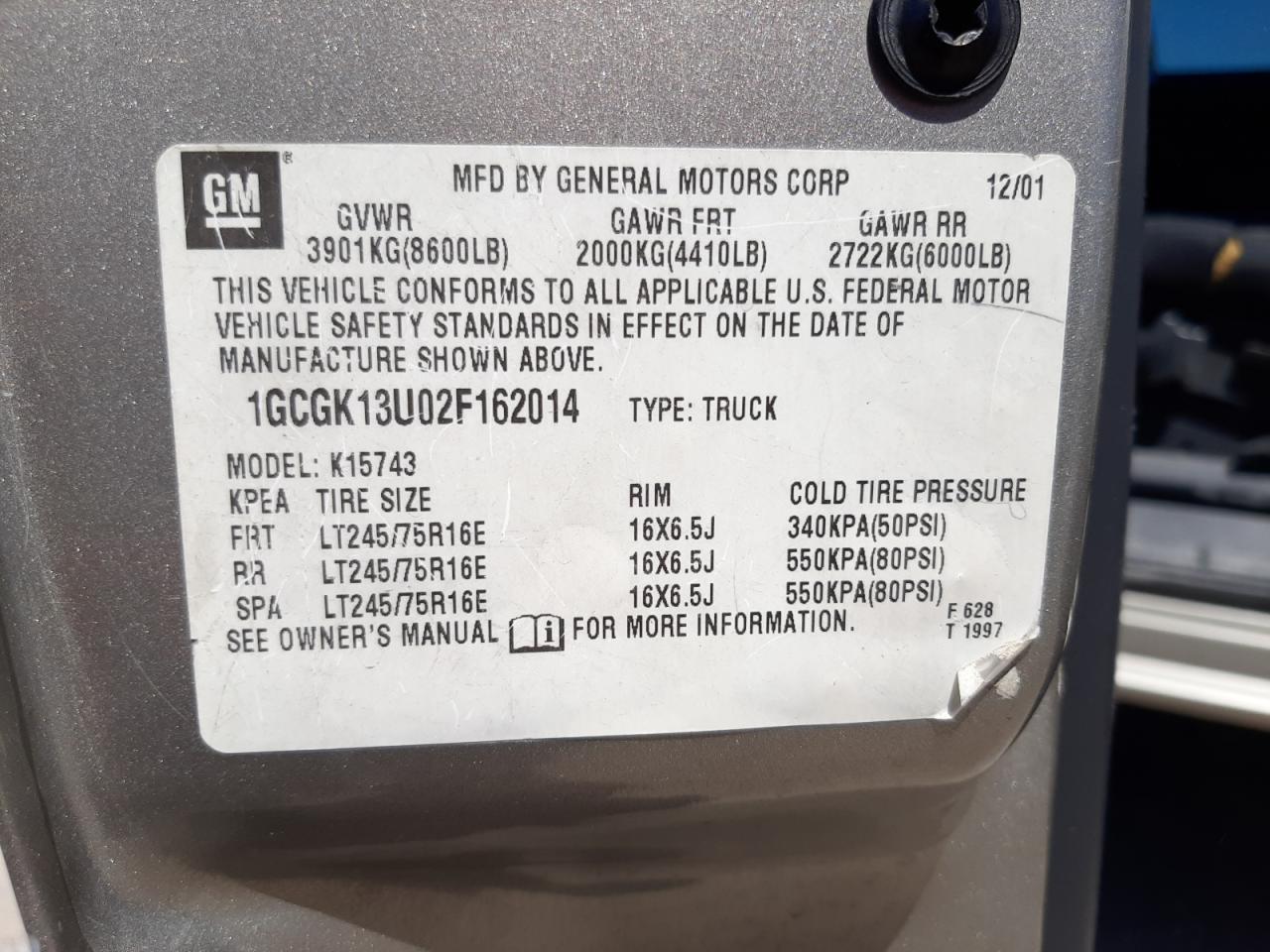 Photo 10 from auction – 2002 CHEVROLET SILVERADO with VIN 1GCGK13U02F162014