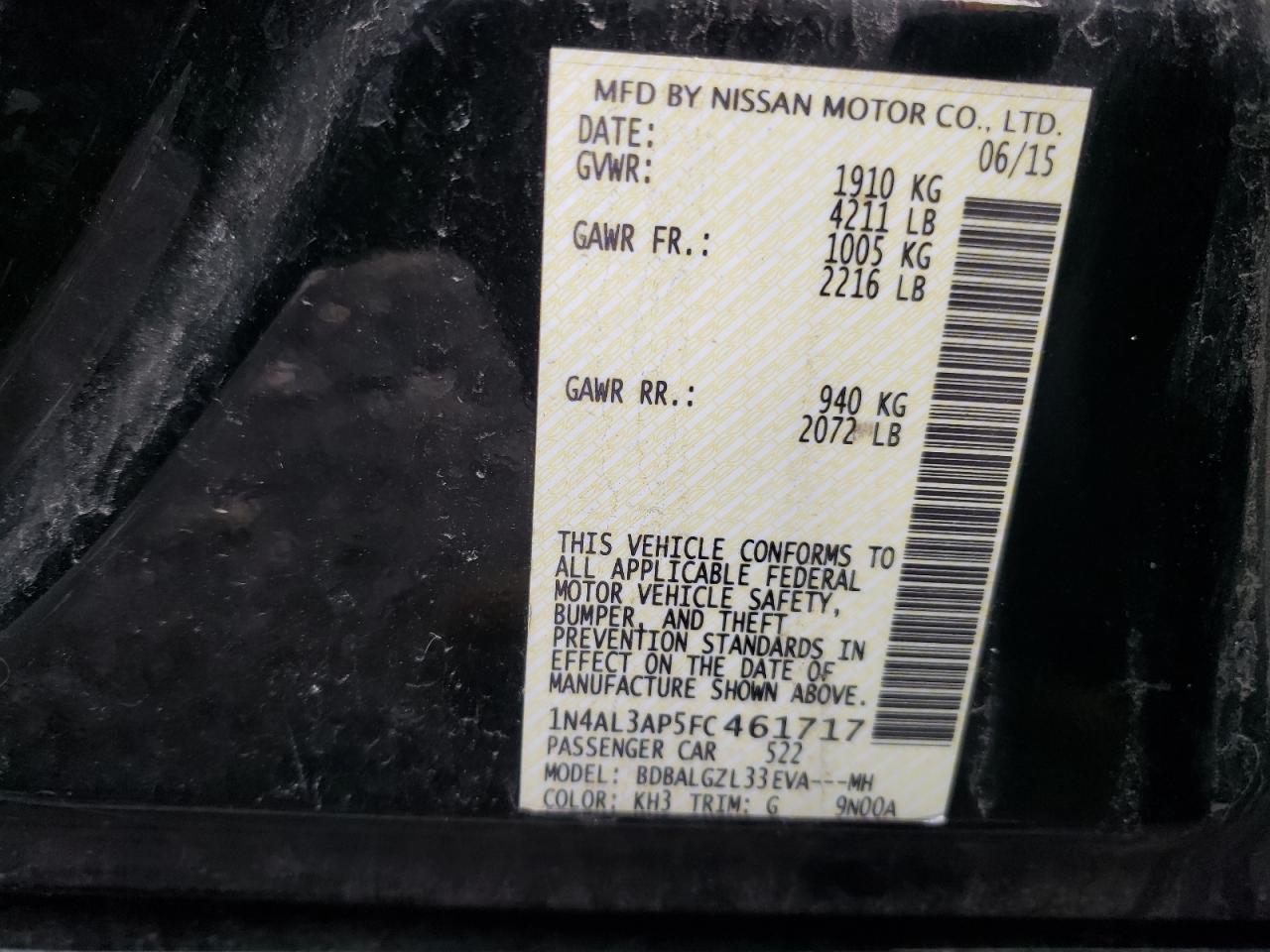 Photo 10 from auction – 2015 NISSAN ALTIMA 2.5 with VIN 1N4AL3AP5FC461717
