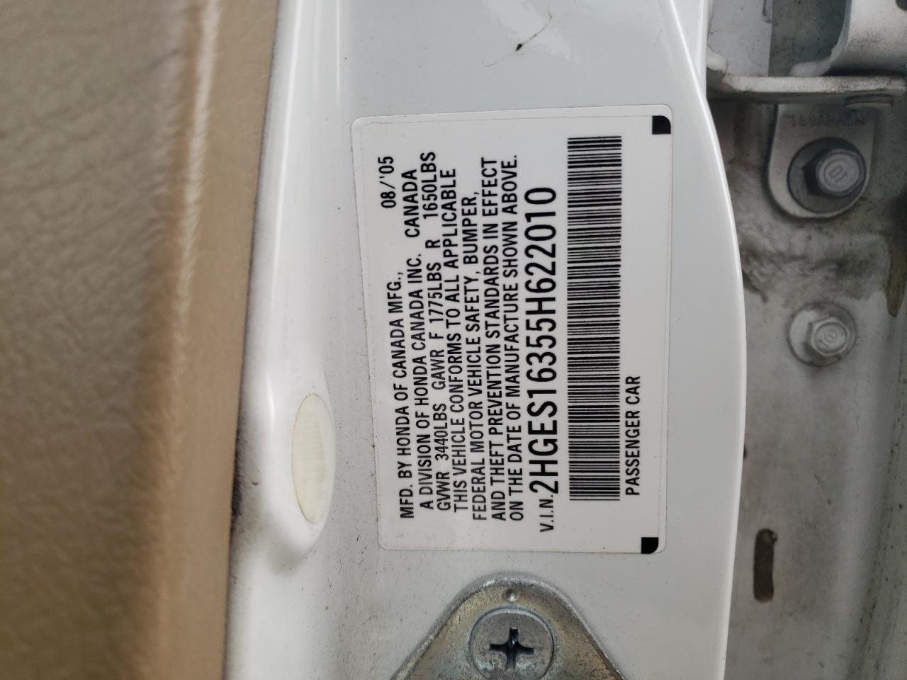 Photo 10 from auction – 2005 HONDA CIVIC DX V with VIN 2HGES16355H622010
