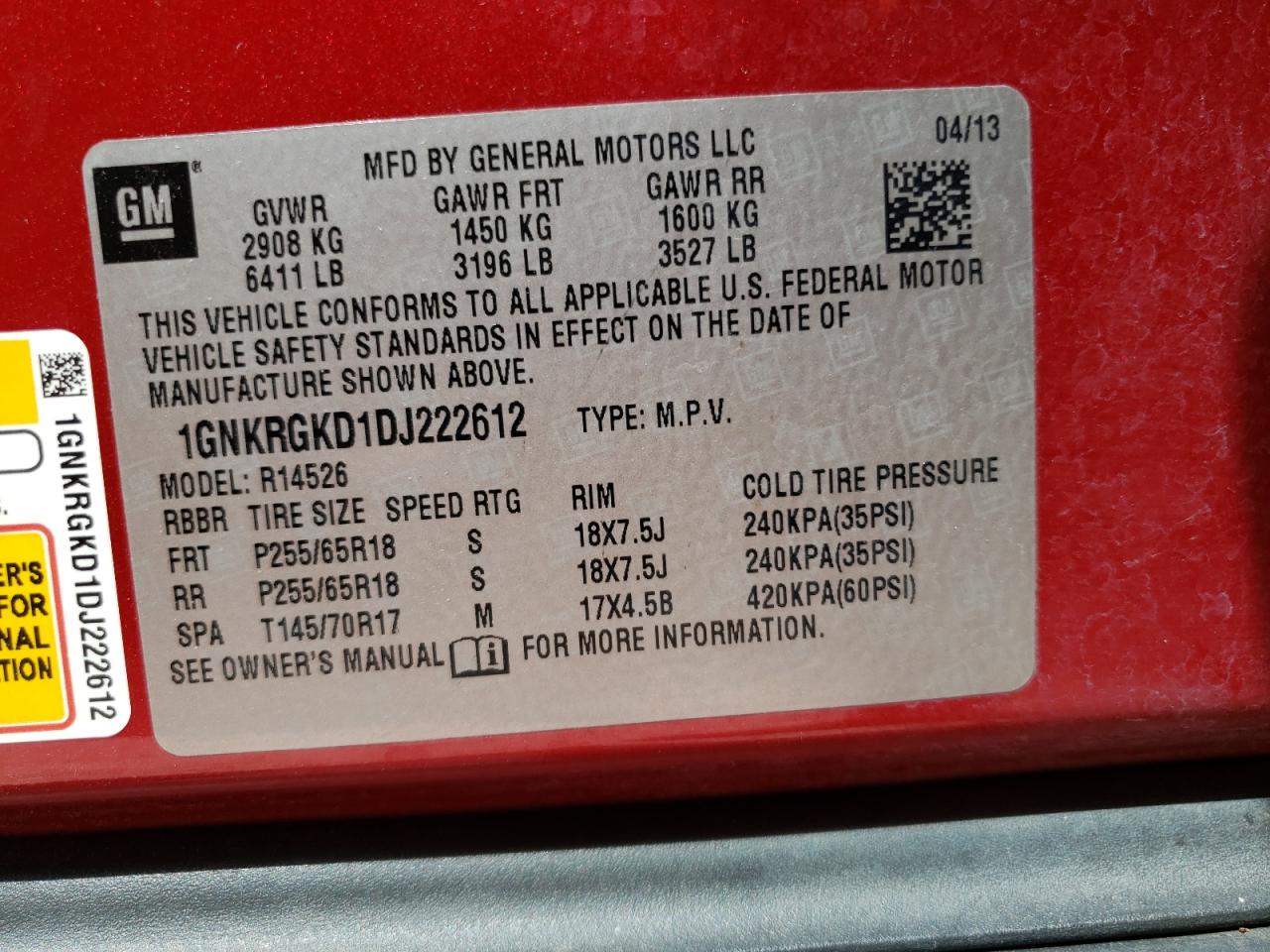 Photo 10 from auction – 2013 CHEVROLET TRAVERSE L with VIN 1GNKRGKD1DJ222612