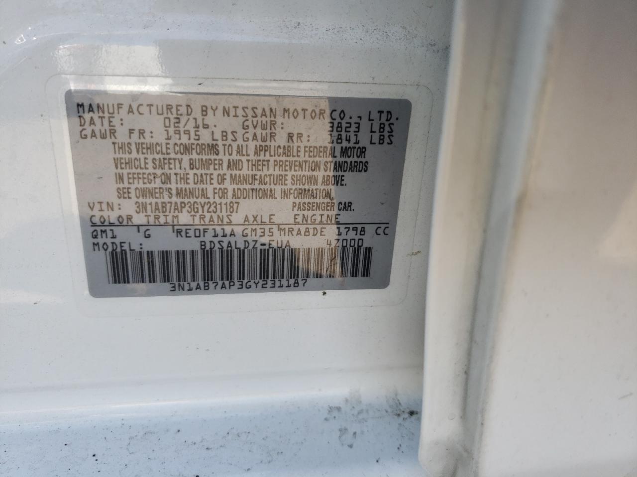 Photo 10 from auction – 2016 NISSAN SENTRA S with VIN 3N1AB7AP3GY231187