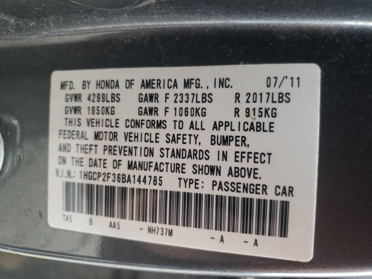 Photo 10 from auction – 2011 HONDA ACCORD LX with VIN 1HGCP2F36BA144785
