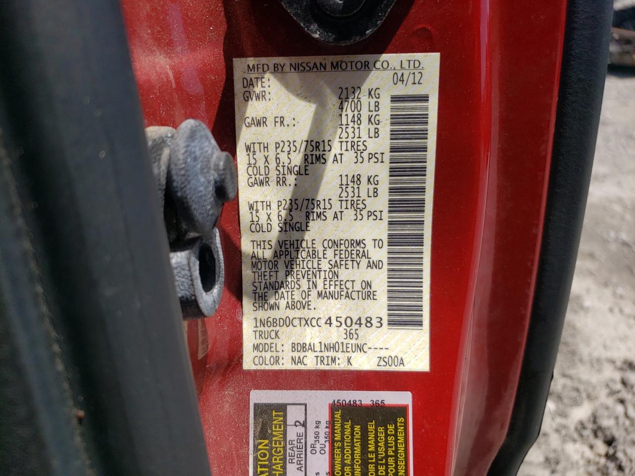 Photo 10 from auction – 2012 NISSAN FRONTIER S with VIN 1N6BD0CTXCC450483