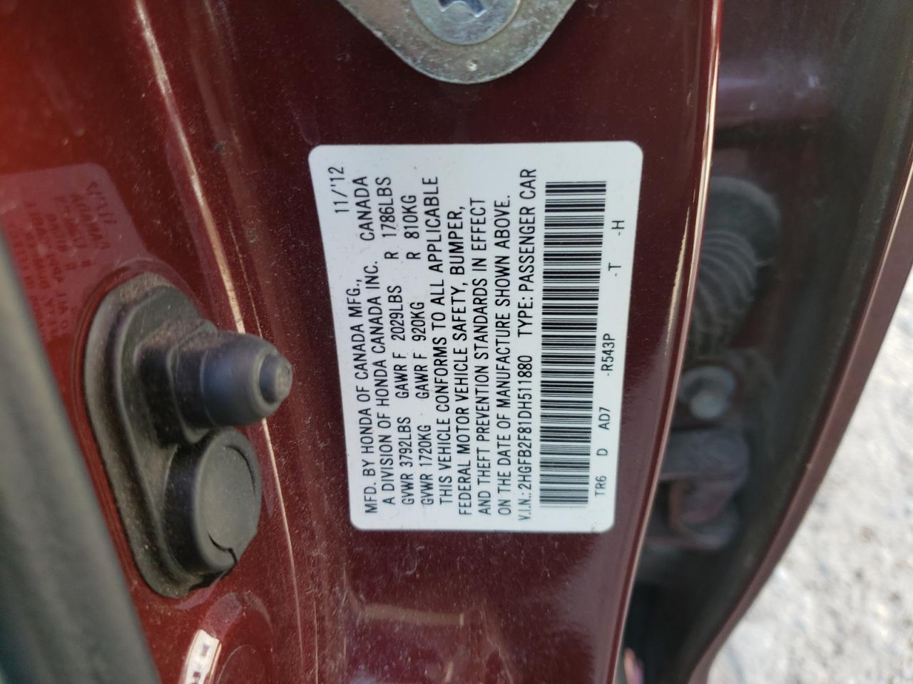 Photo 10 from auction – 2013 HONDA CIVIC EX with VIN 2HGFB2F81DH511880