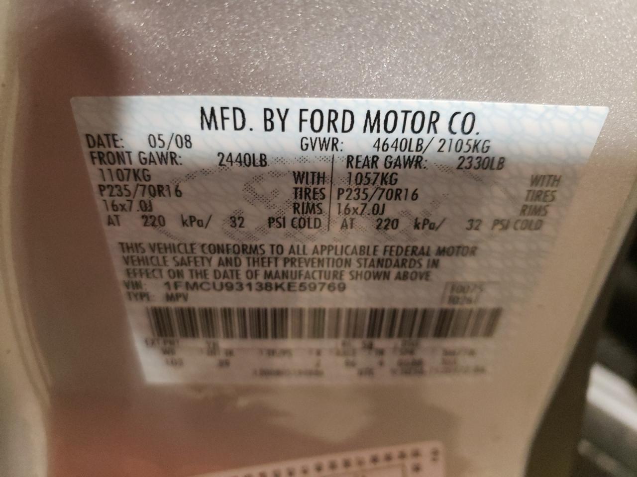 Photo 10 from auction – 2008 FORD ESCAPE XLT with VIN 1FMCU93138KE59769