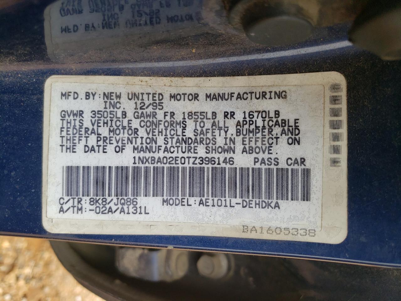 Photo 10 from auction – 1996 TOYOTA COROLLA with VIN 1NXBA02E0TZ396146