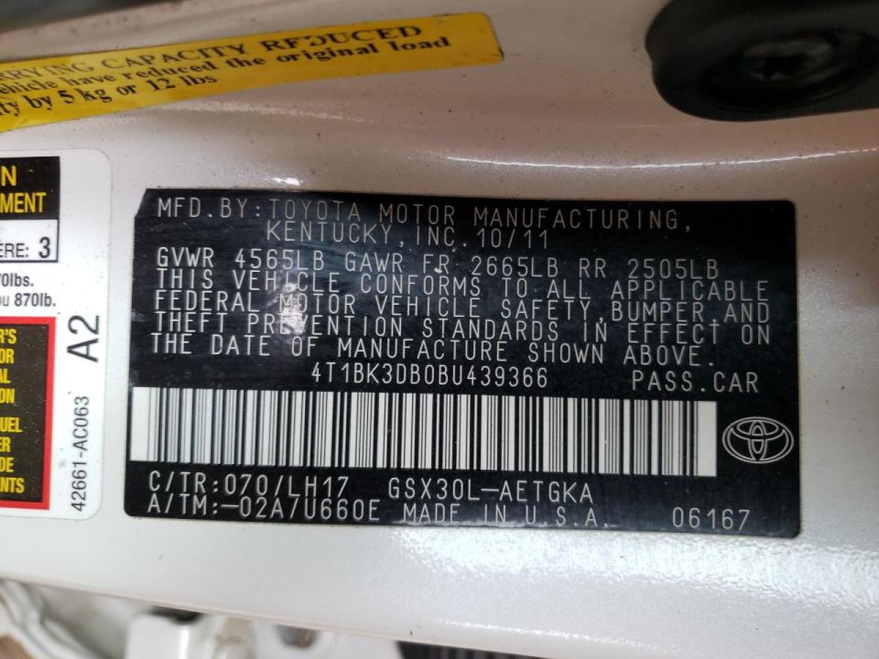 Photo 10 from auction – 2011 TOYOTA AVALON BAS with VIN 4T1BK3DB0BU439366
