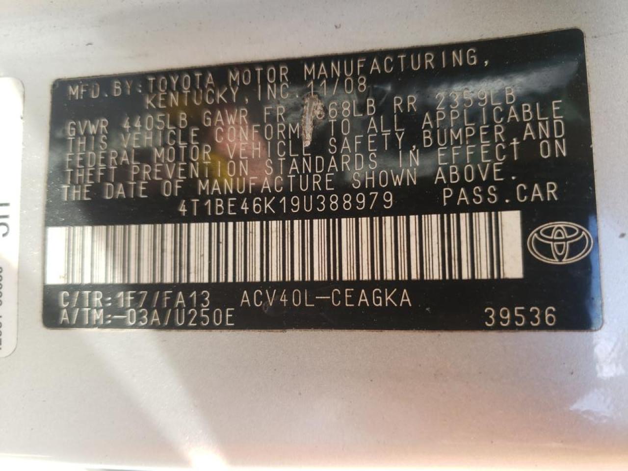 Photo 10 from auction – 2009 TOYOTA CAMRY BASE with VIN 4T1BE46K19U388979