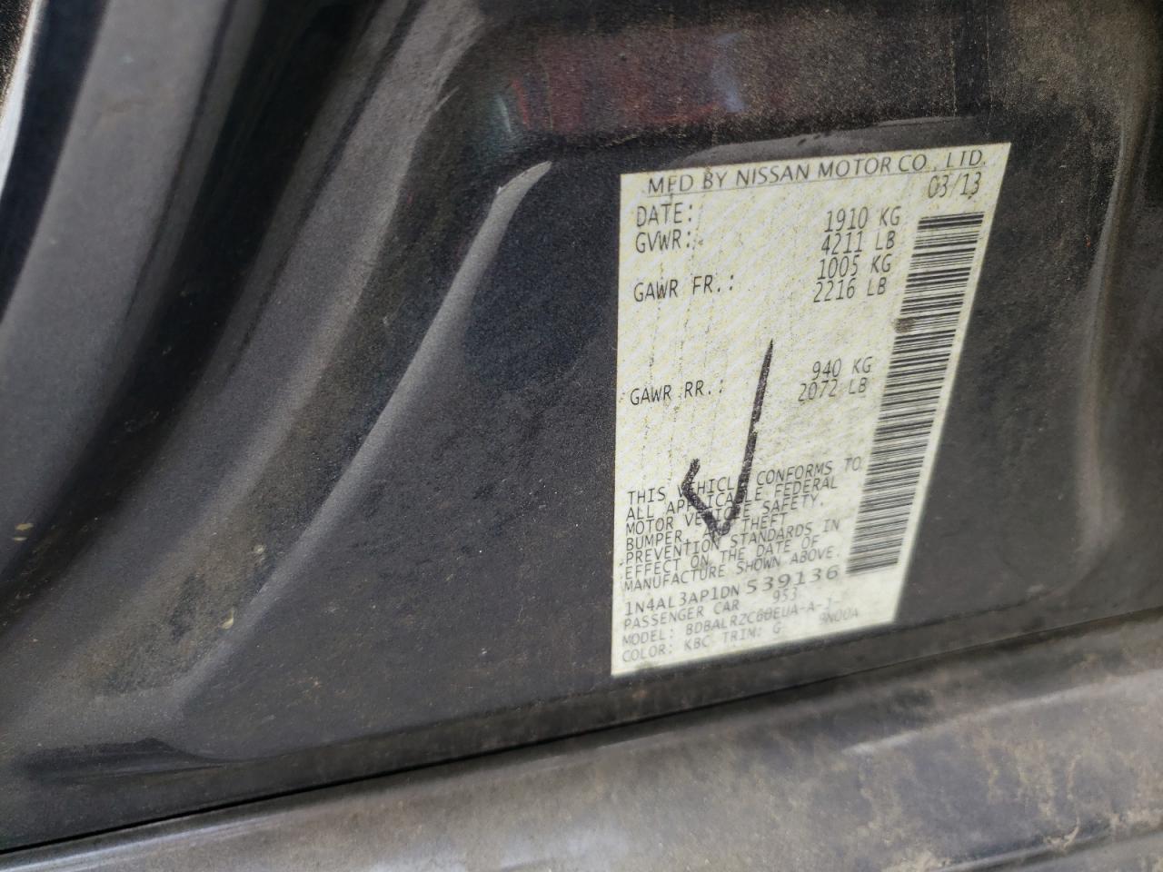 Photo 10 from auction – 2013 NISSAN ALTIMA 2.5 with VIN 1N4AL3AP1DN539136