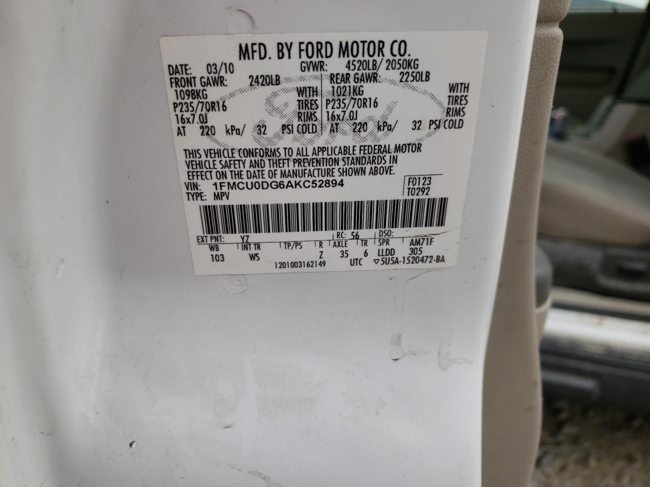 Photo 10 from auction – 2010 FORD ESCAPE XLT with VIN 1FMCU0DG6AKC52894