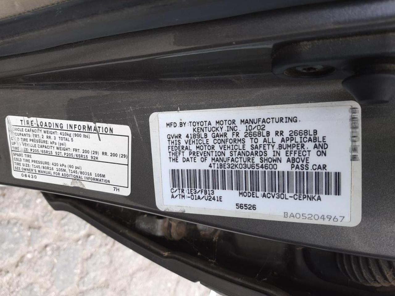 Photo 10 from auction – 2003 TOYOTA CAMRY LE with VIN 4T1BE32K03U654600