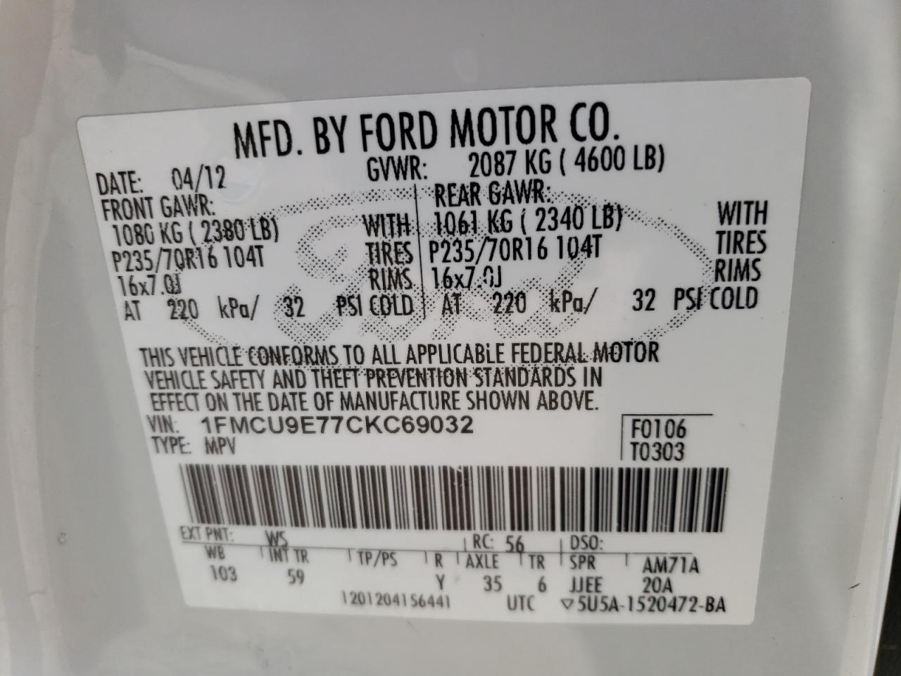 Photo 10 from auction – 2012 FORD ESCAPE LIM with VIN 1FMCU9E77CKC69032