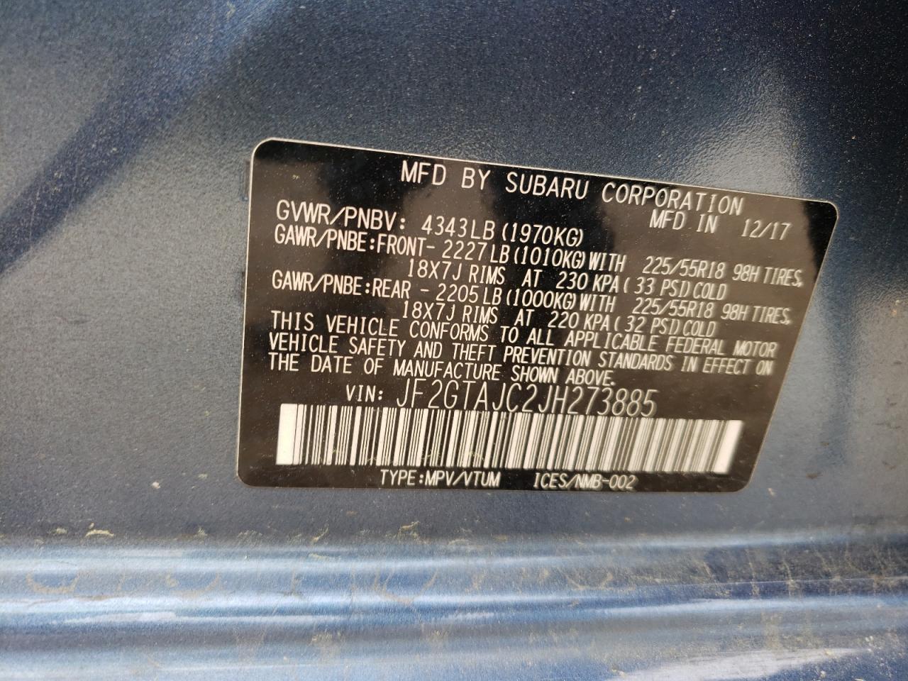 Photo 10 from auction – 2018 SUBARU CROSSTREK with VIN JF2GTAJC2JH273885