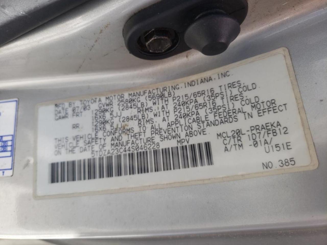 Photo 10 from auction – 2004 TOYOTA SIENNA CE with VIN 5TDZA23C44S046228
