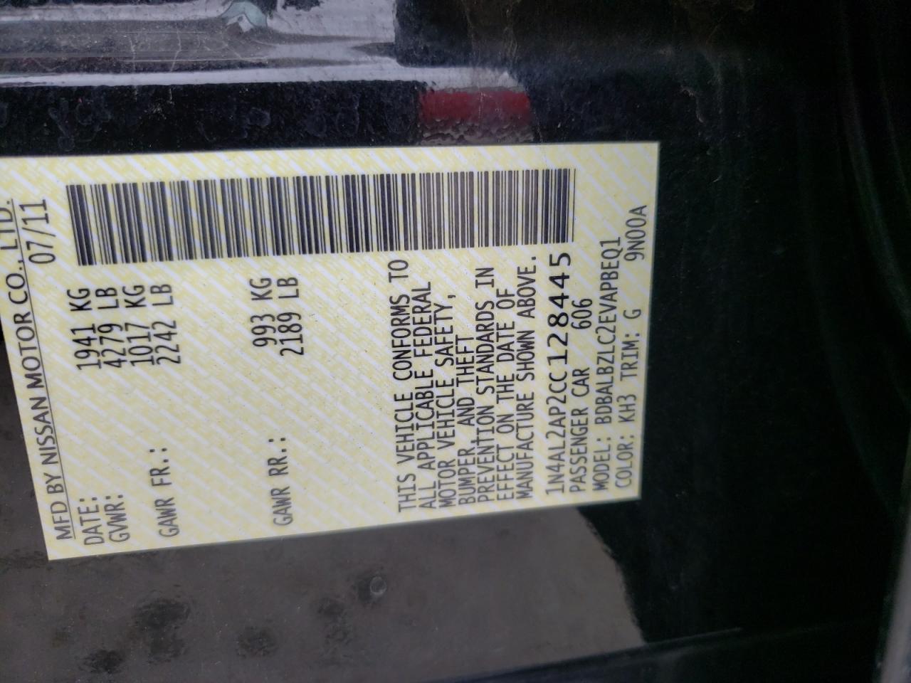 Photo 10 from auction – 2012 NISSAN ALTIMA with VIN 1N4AL2AP2CC128445