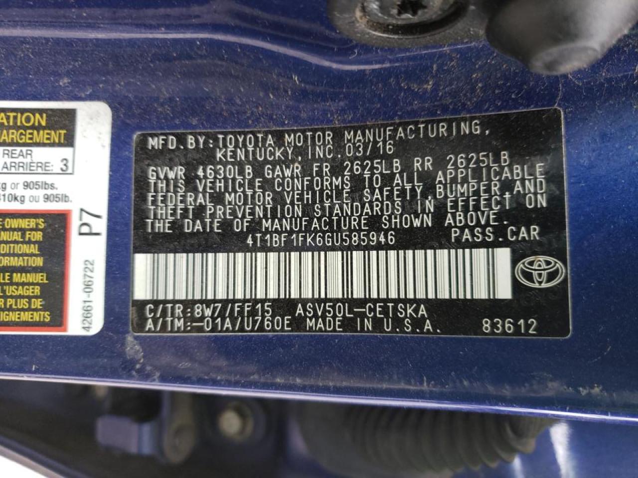 Photo 10 from auction – 2016 TOYOTA CAMRY LE with VIN 4T1BF1FK6GU585946