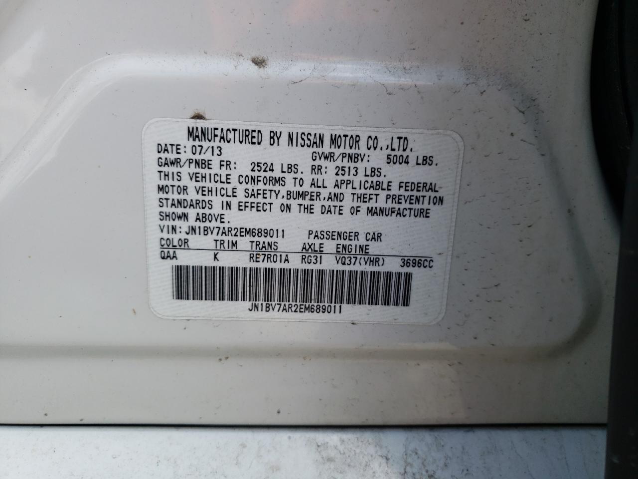 Photo 10 from auction – 2014 INFINITI Q50 BASE with VIN JN1BV7AR2EM689011