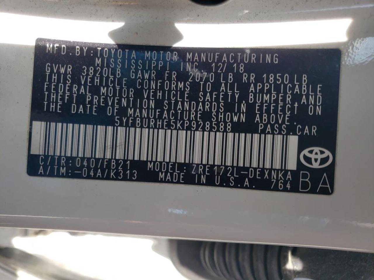 Photo 10 from auction – 2019 TOYOTA COROLLA L with VIN 5YFBURHE5KP928588